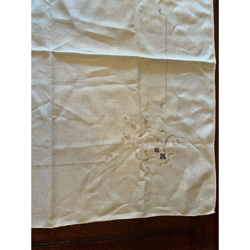 Vintage Embroidered Table Topper 34" Square Ivory Drawn Thread Cutwork Romantic